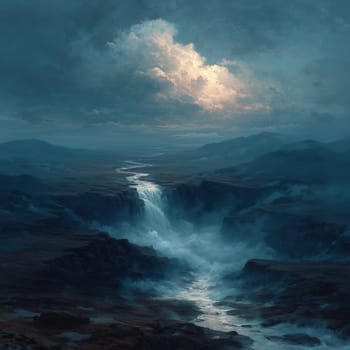 Atmospheric scene of a glowing river cascading into a deep canyon, surrounded by misty cliffs and illuminated clouds in a surreal twilight setting.