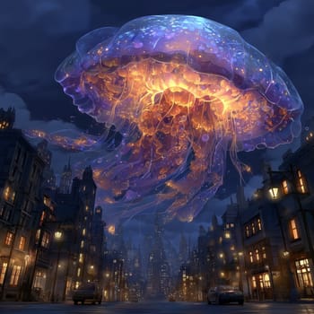 A giant bioluminescent jellyfish drifts through a dark, surreal cityscape, illuminating the buildings below with vibrant blue and orange light.