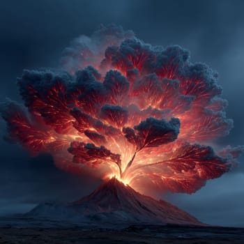 Intense volcanic explosion forms a surreal, tree-like fractal fire cloud with glowing lava streams rising into a stormy sky over a barren mountain landscape.