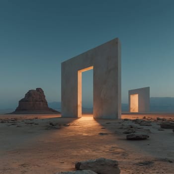 Minimalist glowing stone archways stand in an arid desert landscape at dusk, casting warm light on the sandy ground with a distant rock formation in view.