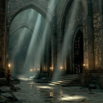 Mysterious ancient stone hallway with glowing runes on the walls, sunlight streaming through arched windows, and shadows across the floor.
