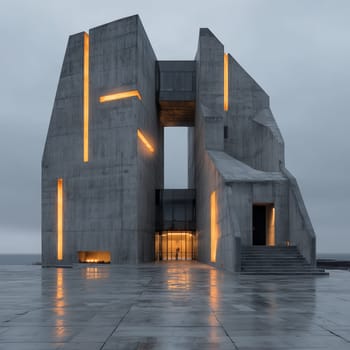Minimalist brutalist-style concrete structure with glowing orange lights, photographed on a wet reflective surface during overcast weather. No people visible.