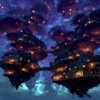 Imaginative digital artwork of a city built on floating islands, connected by bridges and illuminated by glowing lanterns under a starry night sky.