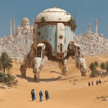 Giant walking machine shaped like a building crosses a golden desert near a city of domes and minarets, surrounded by people in traditional robes.