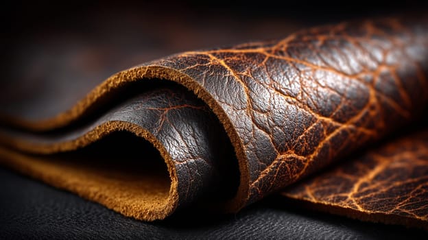 Macro shot of premium brown leather with a rich texture, showcasing the detailed surface and natural creases of the material.