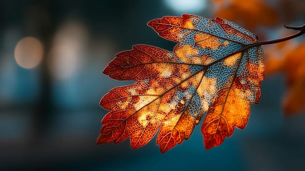 Close-up of a vibrant autumn leaf with orange, red, and blue hues, illuminated from behind to highlight detailed vein structure. Soft bokeh background.