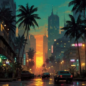 Vibrant retro-futuristic city at sunset with glowing neon signs, palm-lined streets, and cars driving through a wet, tropical urban environment.
