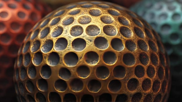 Close-up of a gold and bronze metallic sphere covered in uniform circular dimples. Abstract industrial texture with a modern, futuristic look.