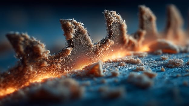 Macro shot of a saw blade with wood shavings and fine dust, illuminated by soft light, highlighting the sharp teeth and textures of the metal and wood particles.
