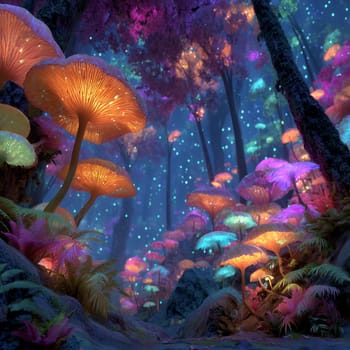Magical glowing mushrooms in vivid neon colors light up a misty, dreamlike forest under a starry night sky.