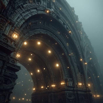 Massive sci-fi cathedral arch illuminated by glowing lights, shrouded in dense fog. Intricate architecture creates a mysterious, otherworldly atmosphere.