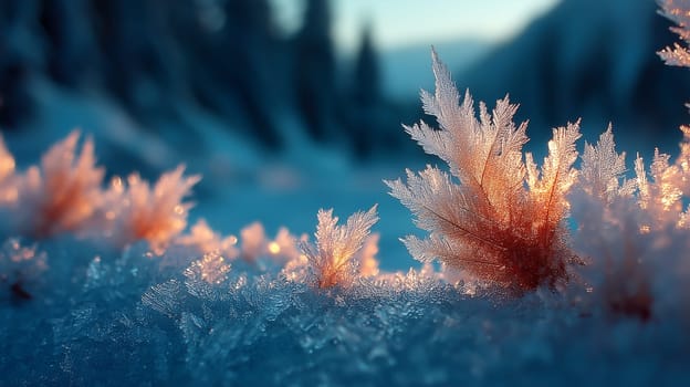 Delicate frost-covered plants shimmer in the warm light of sunrise on a snowy field, with soft focus trees and mountains in the background.