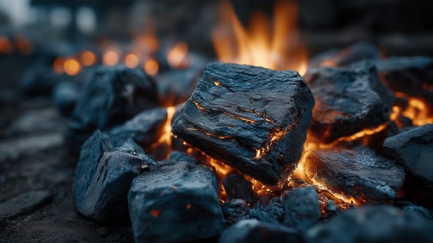 Close-up of black charcoal briquettes glowing with orange heat and flames, surrounded by burning embers on dark ground in an outdoor fire scene.