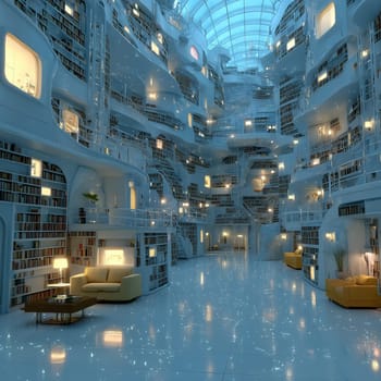 Bright and spacious sci-fi-inspired library with smooth white surfaces, curved bookshelves, cozy reading areas, and a star-like glowing floor. No people.