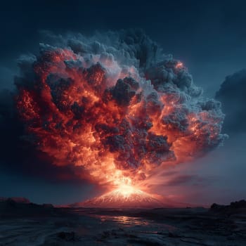Intense volcanic explosion with a towering ash and lava cloud lighting up the night, as molten rivers flow down the mountain and illuminate the barren terrain.