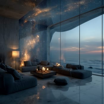 Elegant modern living space with floor-to-ceiling windows, ocean view at dusk, cozy low seating, and a glowing galaxy wall projection. No people present.