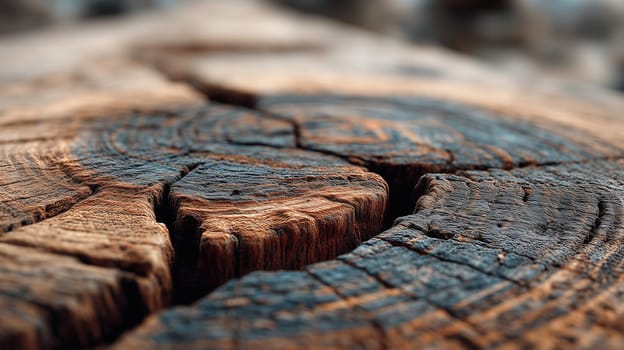 Detailed macro image of dry cracked wood showing deep fissures and concentric growth rings, revealing age and natural weathering in sharp focus.
