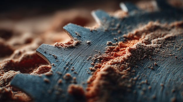 A macro shot of a saw blade covered in wood shavings, showcasing the intricate details of the metal teeth and the fine sawdust scattered around.