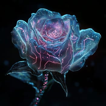 A luminous blue rose with glowing pink circuitry details, blending organic form and futuristic technology against a dark, abstract background.