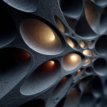 Futuristic abstract surface with porous, organic-like cells and glowing interiors, resembling a microscopic or alien biological texture with dramatic lighting.
