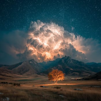 Bright tree stands alone in a wide valley beneath dramatic lightning-filled storm clouds, with rugged mountains and a starry night sky in the background.
