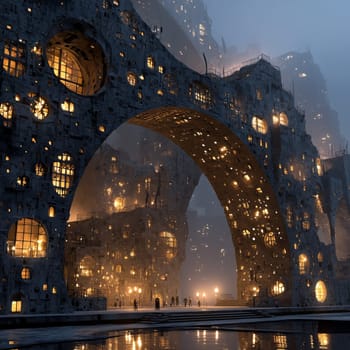 Enormous futuristic arch structure filled with glowing windows and lit interiors. Figures walk below in a surreal cityscape at dusk, shrouded in fog.