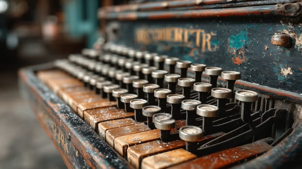 Detailed close-up of an old typewriter with worn-out wooden keys and rusted metal parts, showing its vintage charm and unique character.