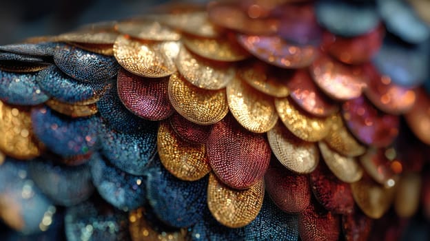 Close-up of overlapping sequin scales in shimmering gold, red, and blue colors. Textured and reflective surface with a fish-scale pattern effect.