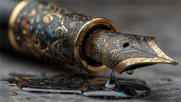 A detailed close-up of a vintage fountain pen with intricate engravings and an ink droplet forming on the nib, showcasing its classic design.