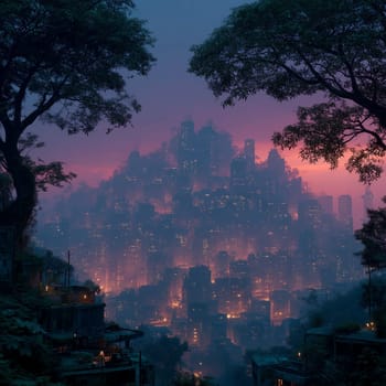 A dreamy futuristic city emerges through mist at sunset, blending high-rise buildings with trees and glowing lights in a tranquil twilight atmosphere.