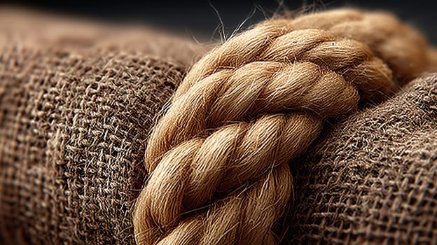 Macro shot of a jute rope knot tied on burlap fabric, highlighting the texture of the natural fibers and intricate weaving.