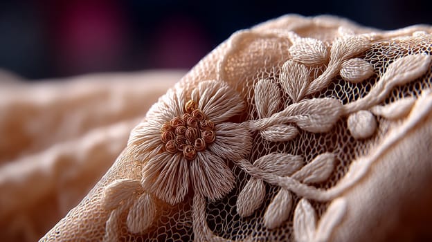 Macro view of beige lace fabric with fine floral embroidery and textured stitching, showcasing intricate detail and soft folds under warm light.