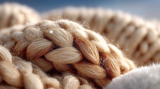 Close-up of thick braided beige yarn with delicate fibers and a soft fuzzy texture, captured in warm natural lighting with a blurred background.