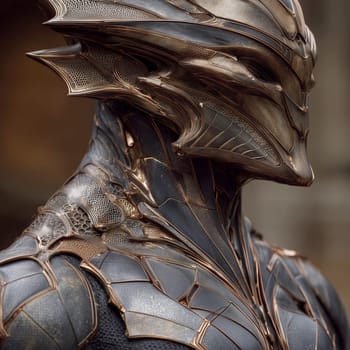 Detailed close-up of a humanoid alien figure wearing ornate, biomechanical armor with sculpted metallic textures and organic, futuristic design elements.