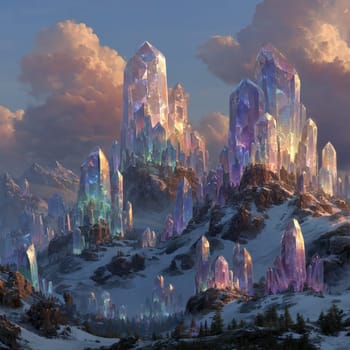 Surreal mountain range covered in towering glowing crystals under a colorful sunset sky. Snowy peaks, dramatic lighting, and magical atmosphere. No people.