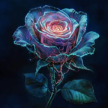 A futuristic rose with vivid neon blue and pink circuitry patterns glowing across petals and stem, blending nature with sci-fi aesthetics in a surreal setting.