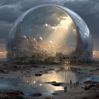 Majestic sci-fi city enclosed in a transparent dome, bathed in golden light, set in a desert oasis with people walking along reflective water.