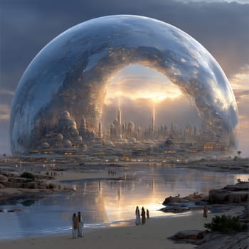 Massive sci-fi city enclosed in a glowing dome, reflecting on water at sunset. Figures in robes stand near the shore under a dramatic, cloudy sky.