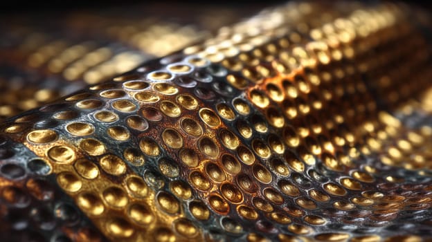 Close-up of a shiny metallic surface featuring raised golden circular patterns and a rippling texture, creating a luxurious and abstract background.