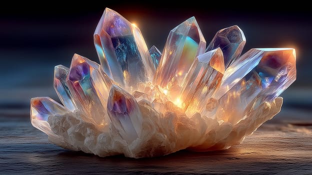 Stunning close-up of a radiant quartz crystal cluster with luminous, iridescent tips glowing warmly against a dark, softly textured background.