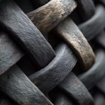 Macro shot of rough, interwoven wooden bands with natural textures and earthy tones, forming an abstract, braided surface pattern.