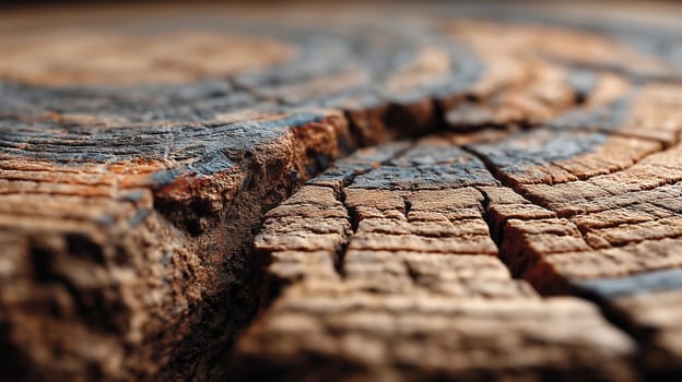 Detailed macro shot of a tree stump with deep cracks and visible growth rings, capturing the dry wood's texture and natural aging patterns.