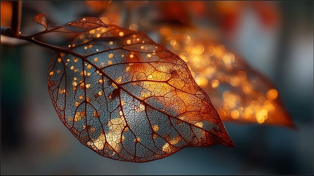 Close-up of a delicate autumn leaf showing intricate vein patterns, backlit by warm sunlight with a golden bokeh background creating a magical atmosphere.