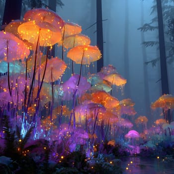 Surreal forest scene filled with glowing fantasy mushrooms in vivid colors, emitting magical light above a stream under a blue misty atmosphere.