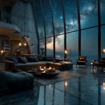 Stylish open-concept loft with cozy furniture and warm lighting, featuring a huge glass wall overlooking the Milky Way and ocean at night. No people visible.