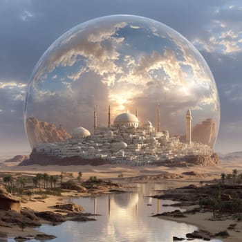 Sci-fi Islamic-inspired desert city enclosed in a massive transparent dome, with domes and minarets, set against a rocky and palm-filled landscape.