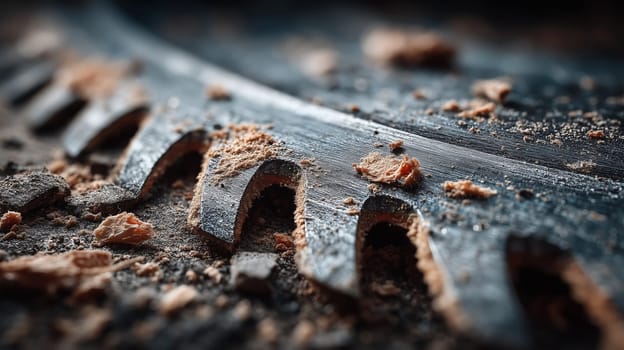 Macro shot of a saw blade?s teeth with wood shavings scattered around it, capturing the fine details of the cutting edge and sawdust.