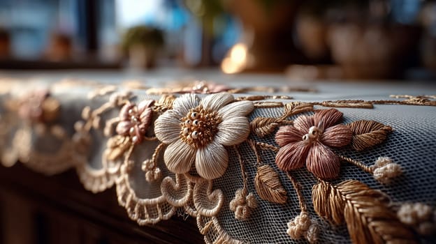 Close-up of an ornate lace tablecloth featuring gold and burgundy floral embroidery with delicate mesh and scalloped edges in a cozy interior setting.