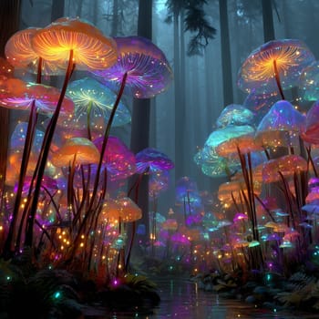 Enchanted forest scene with bioluminescent mushrooms glowing in vivid rainbow colors above a misty stream, set against a dark pine woodland.