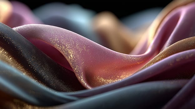 Close-up of iridescent satin fabric in pink, blue, and gold tones, forming elegant waves with shimmering golden accents and smooth texture.